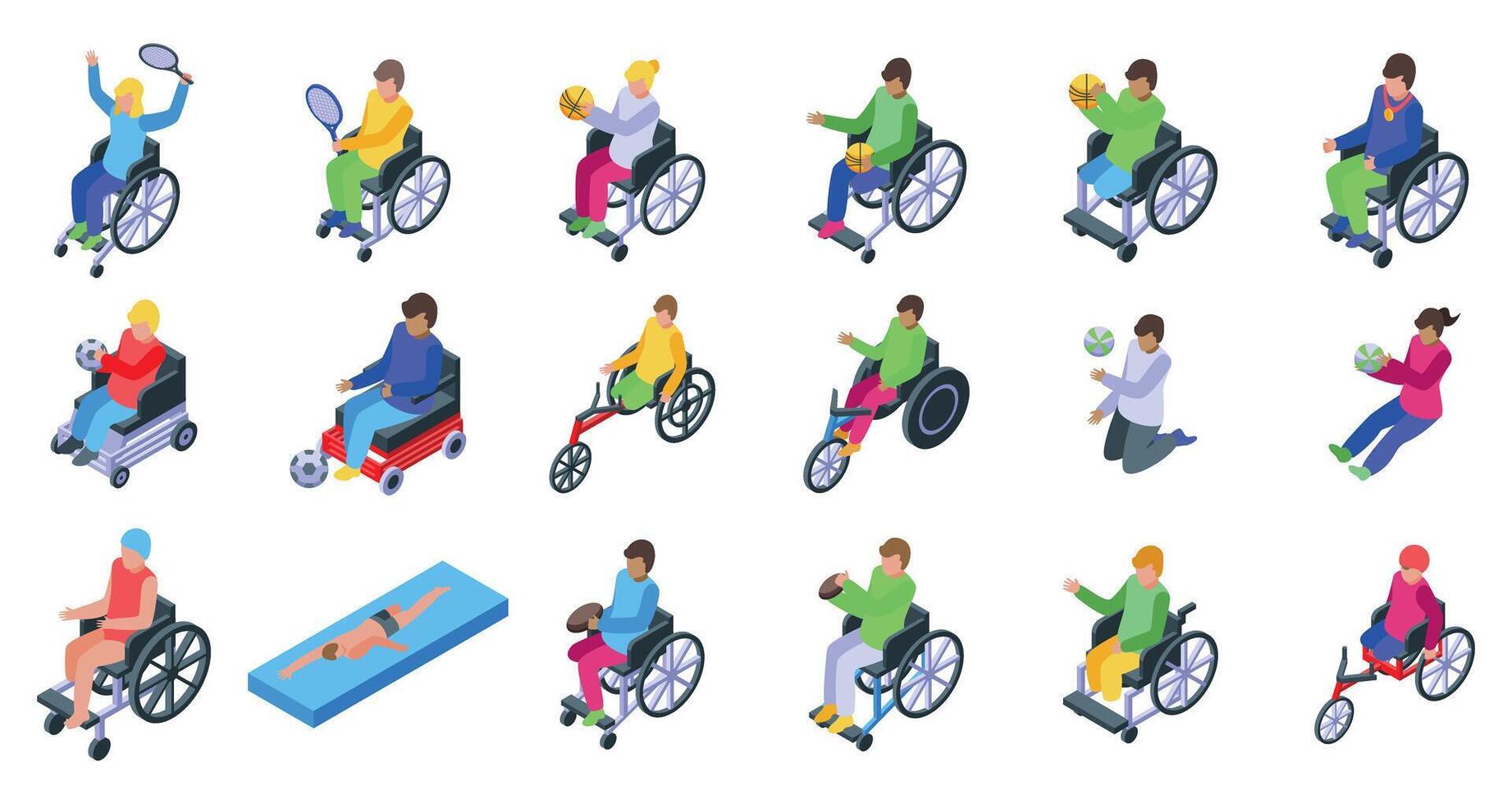 Athlete wheelchair icons set. Athletes with disabilities enjoying various sports and demonstrating their abilities vector