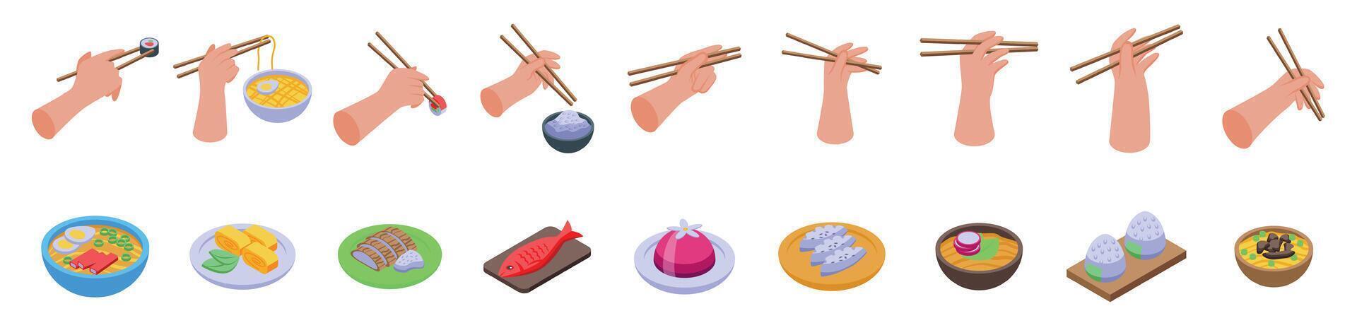 Hands holding chopsticks icons set. Person using chopsticks to eat asian food isometric set vector