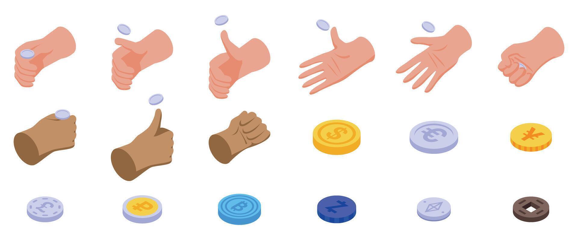 Hand flips coin icons set. Hands flipping, tossing, and holding coins, cryptocurrency and fiat currency concept vector