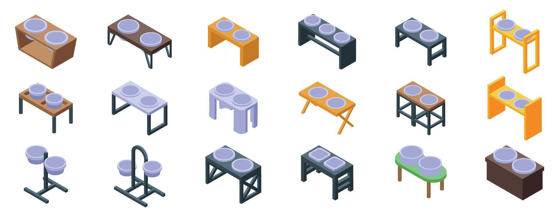 Pets bowl stand icons set. Set of pet feeding dishes on stands isometric view vector