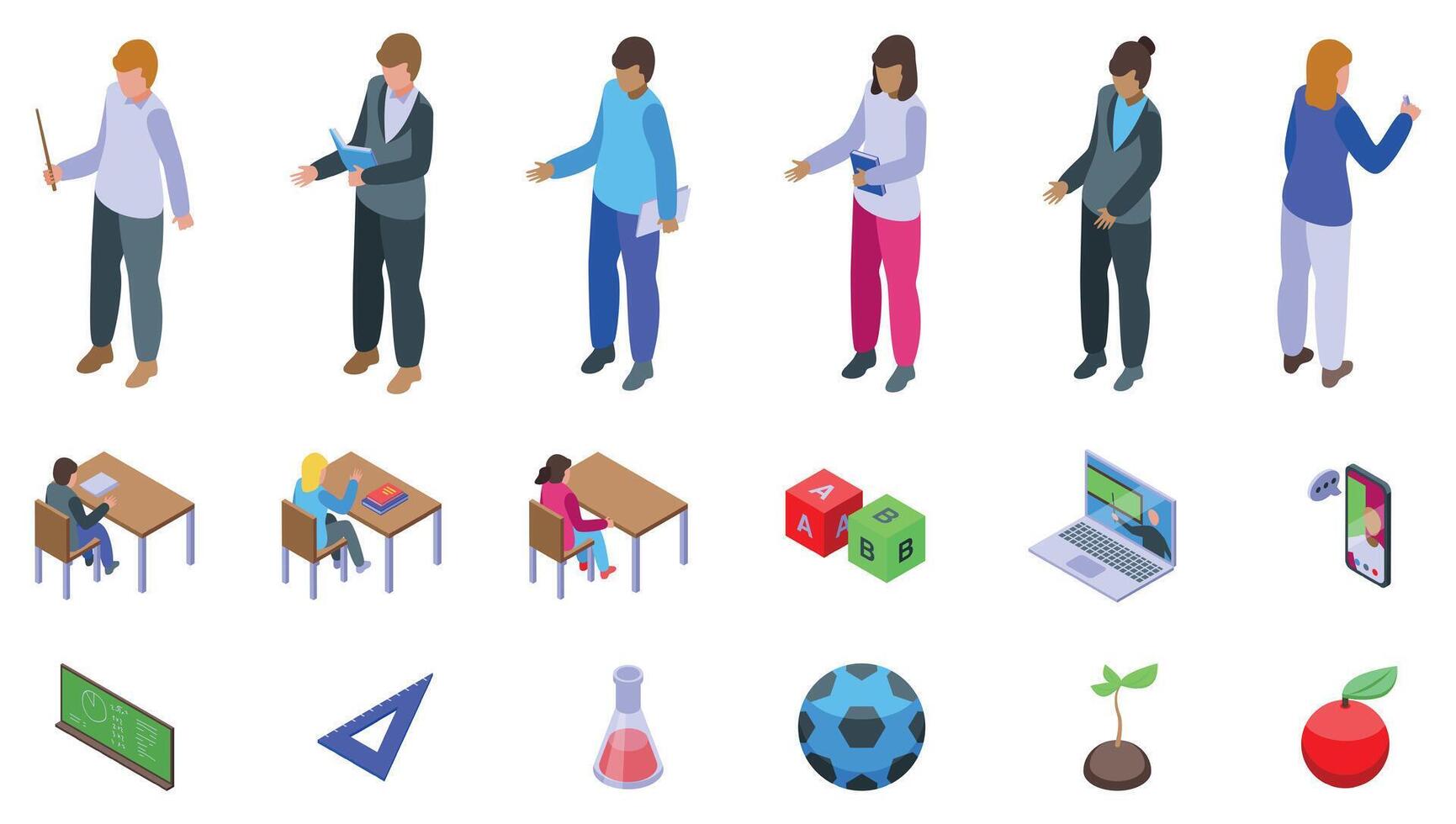 Teachers explain icons set. Teachers giving lesson to students in classroom and remotely with modern equipment isometric 3d icons set vector