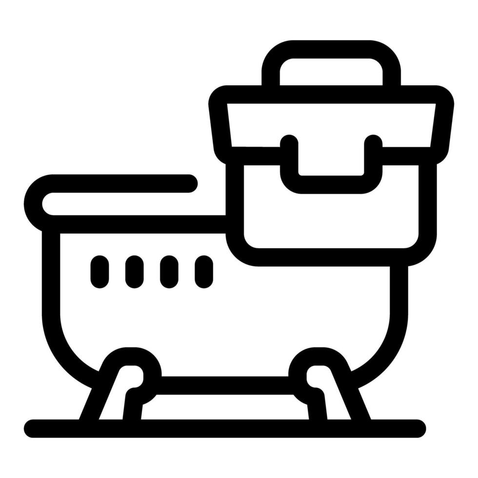 Plumber installing modern bathtub with professional tools in bathroom vector