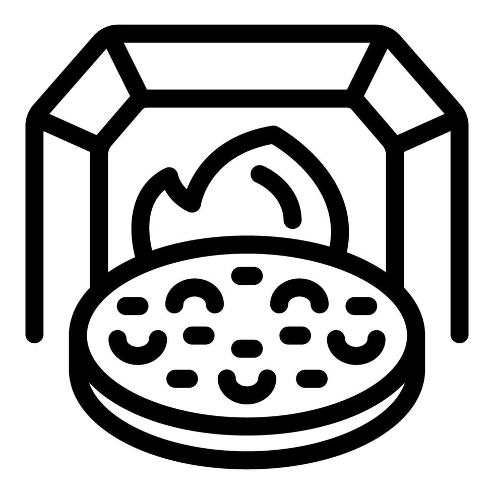 Round stone oven baking pizza with burning firewood inside vector
