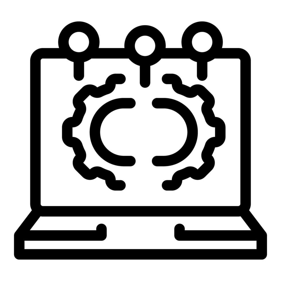 Laptop showing a gear with three location pins representing software development process vector
