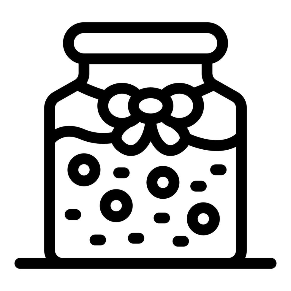 Glass jar with ribbon and flower containing jam with pieces of fruit, preserves, homemade food, outline icon vector
