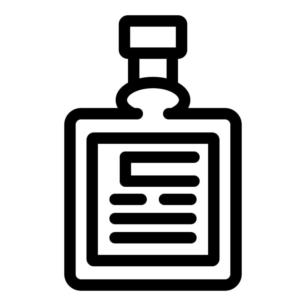 Black outline icon representing a bottle with a tag displaying information vector