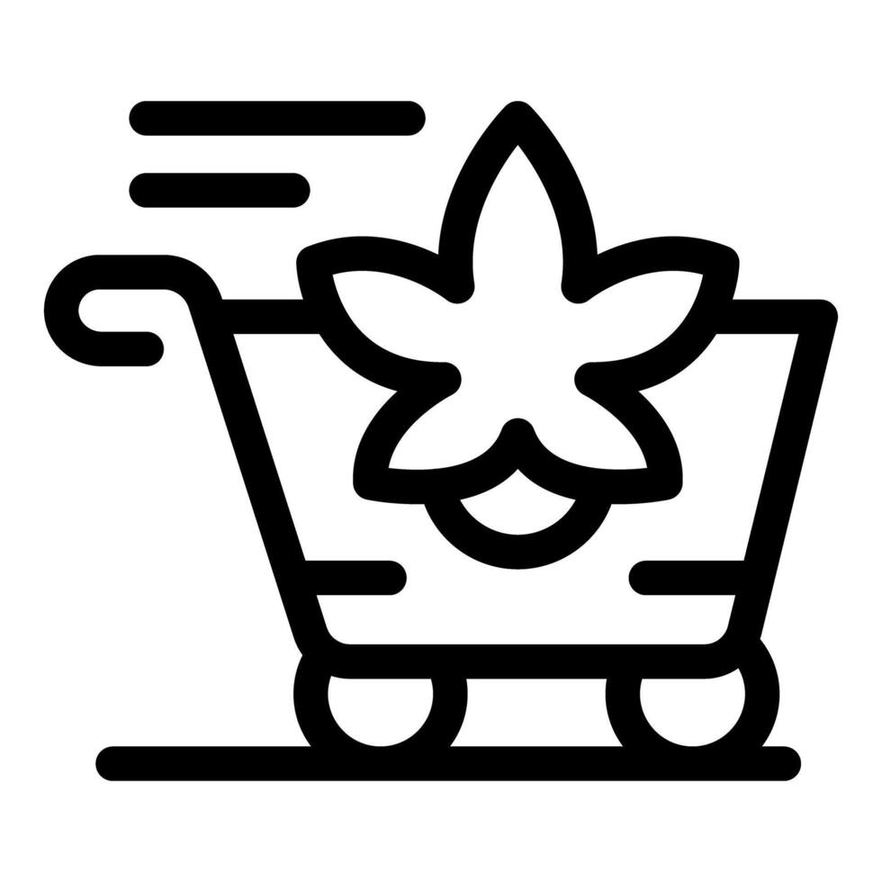 Line icon of a shopping cart moving fast with a marijuana leaf inside vector