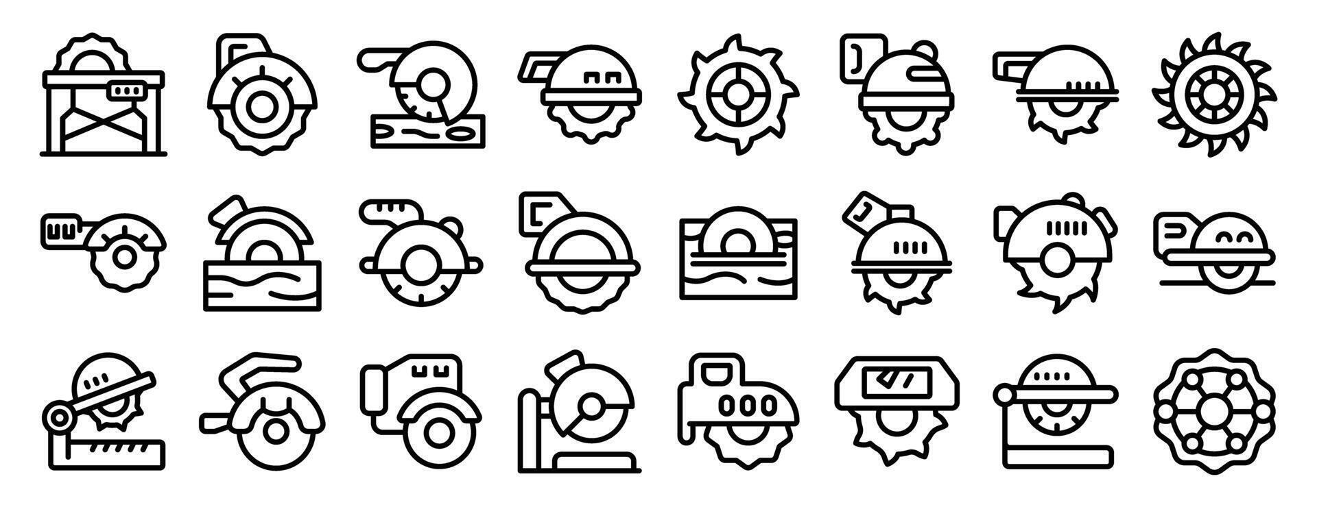 Circular saw machine icons set. Carpenter using circular saw cutting wood plank and other sawmill equipment icons vector