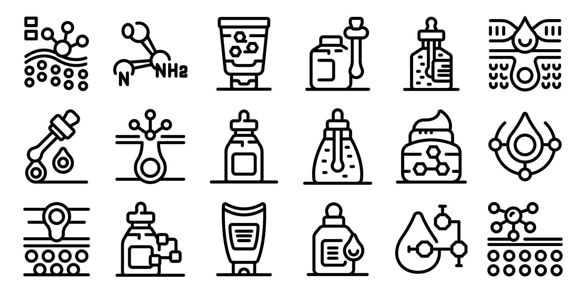 Niacinamide icons set. Scientists developing innovative skincare products using nanotechnology and biochemistry vector