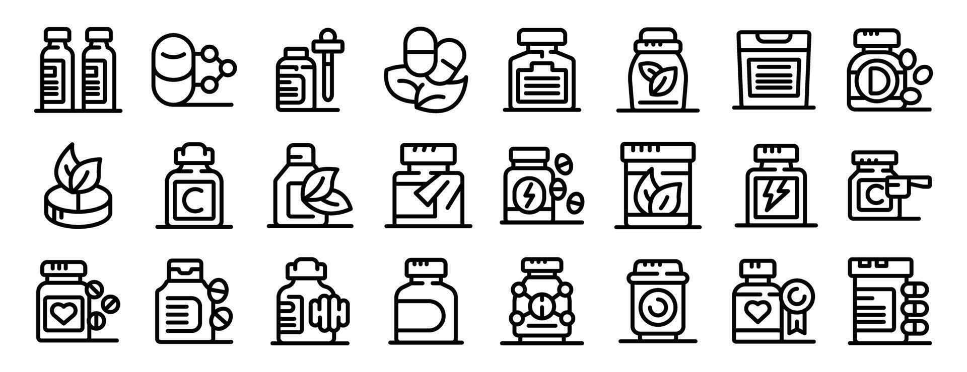 Bottle vitamin supplement icons set. People using dietary supplements, vitamins, minerals, health products for beauty and health care line icons set vector