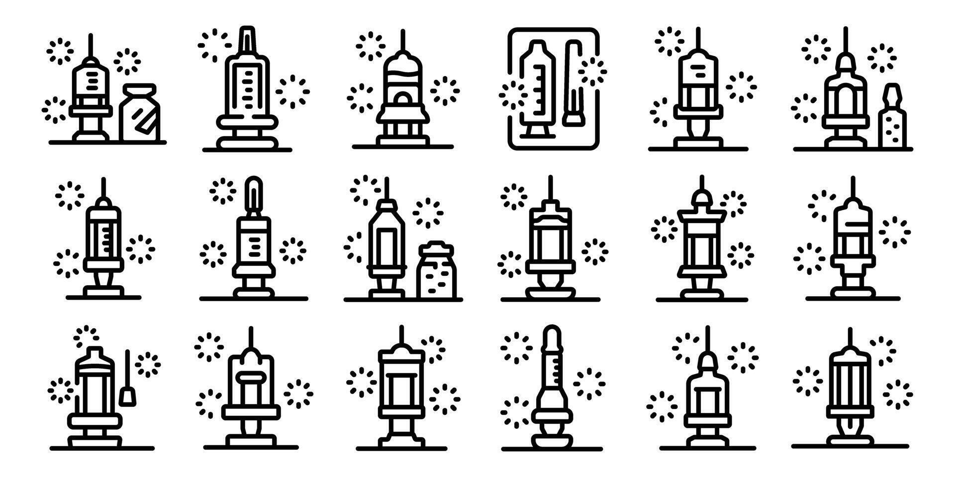 Plastic syringe icons set. Collection of vaccine syringes celebrating immunization success with fireworks vector