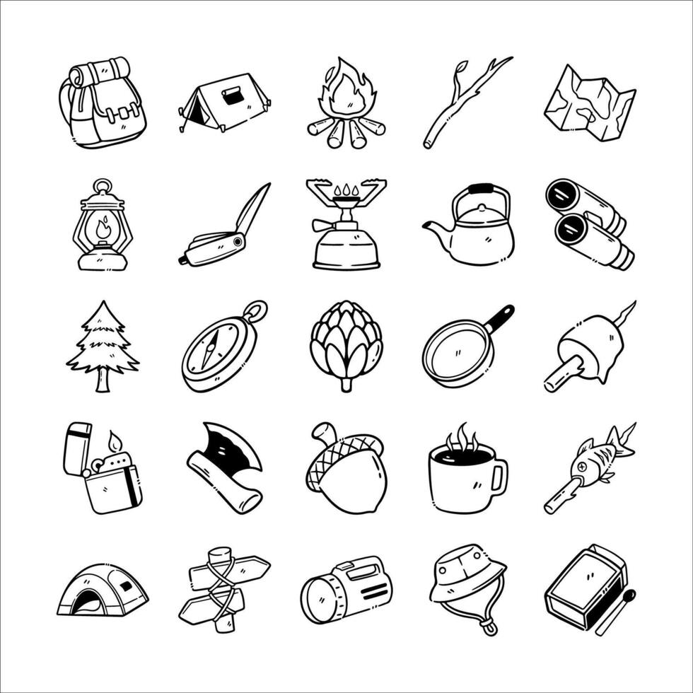 Camping equipment doodle vector