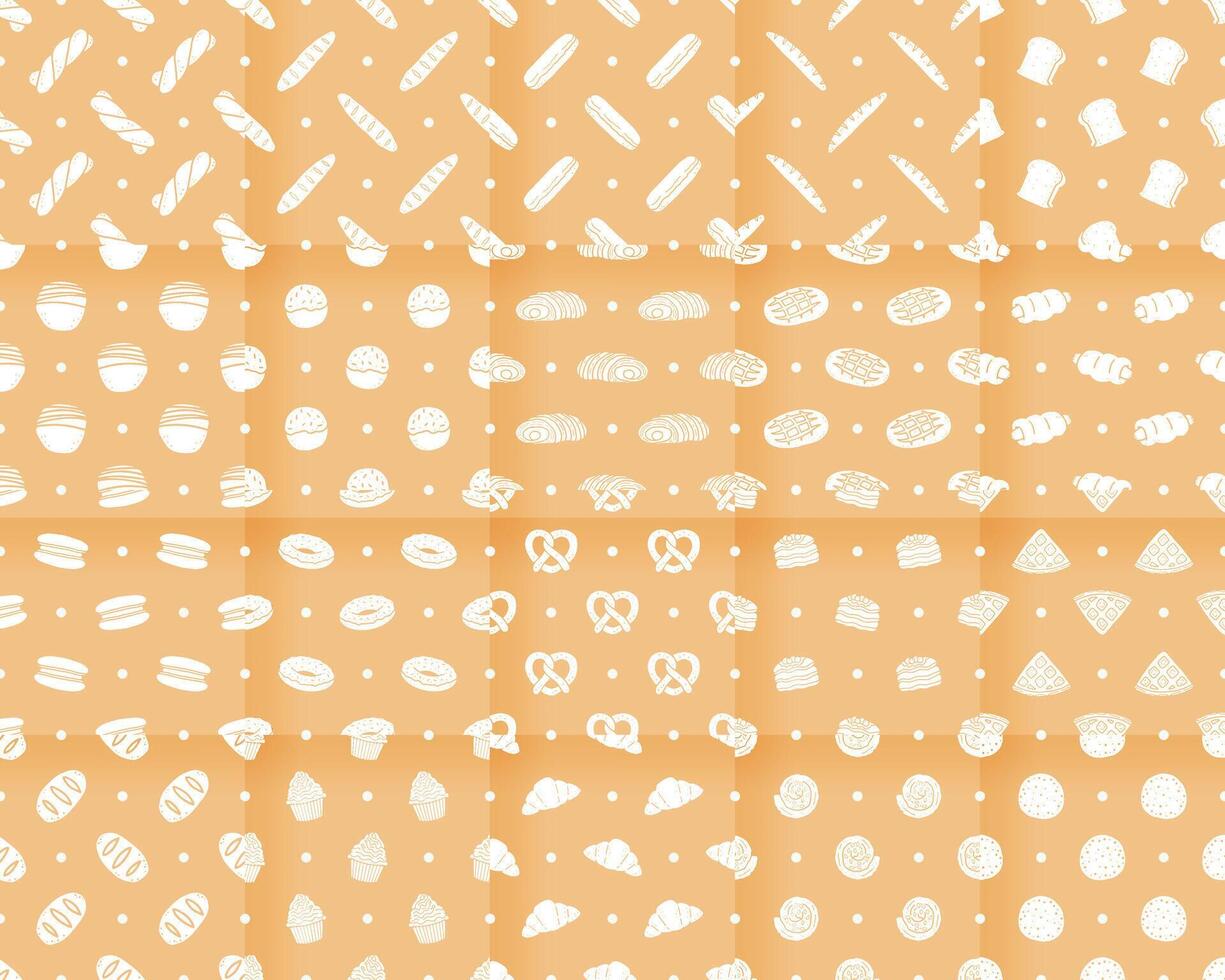 Collection of Cartoon Bread bakery seamless patterns vector