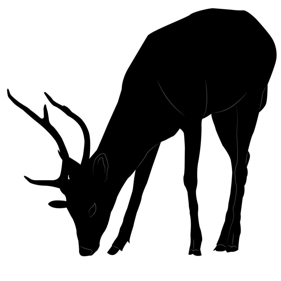 Black silhouette of a deer eating grass. vector
