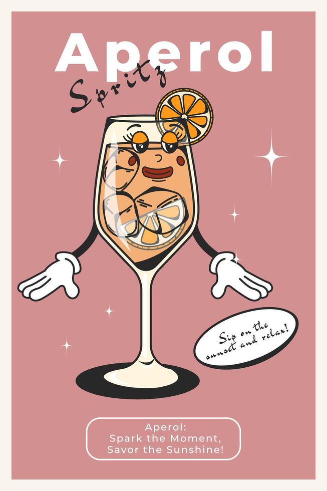 Aperol trendy poster with retro cocktail character. Mascot for bars and restaurants.60's and 70's character for retro posters and postcards in modern groovy style.Bar menu concept. vector