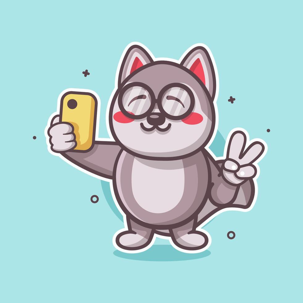 geek husky dog animal character mascot taking a selfie with a smartphone isolated cartoon vector
