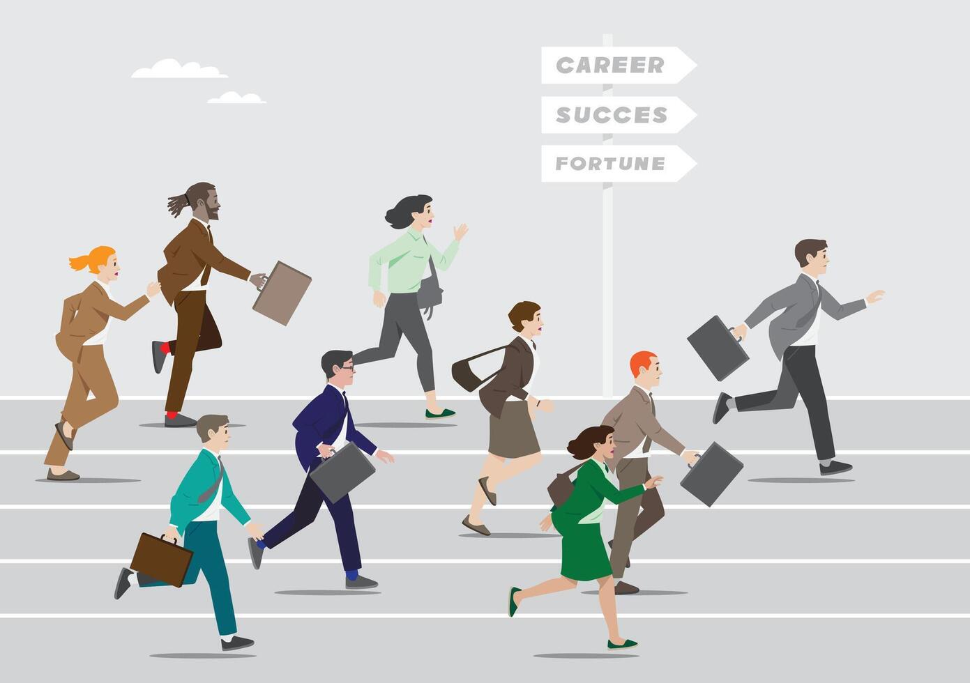 working multi ethnic man and woman doing endless rat race work to get career success fortune at work vector