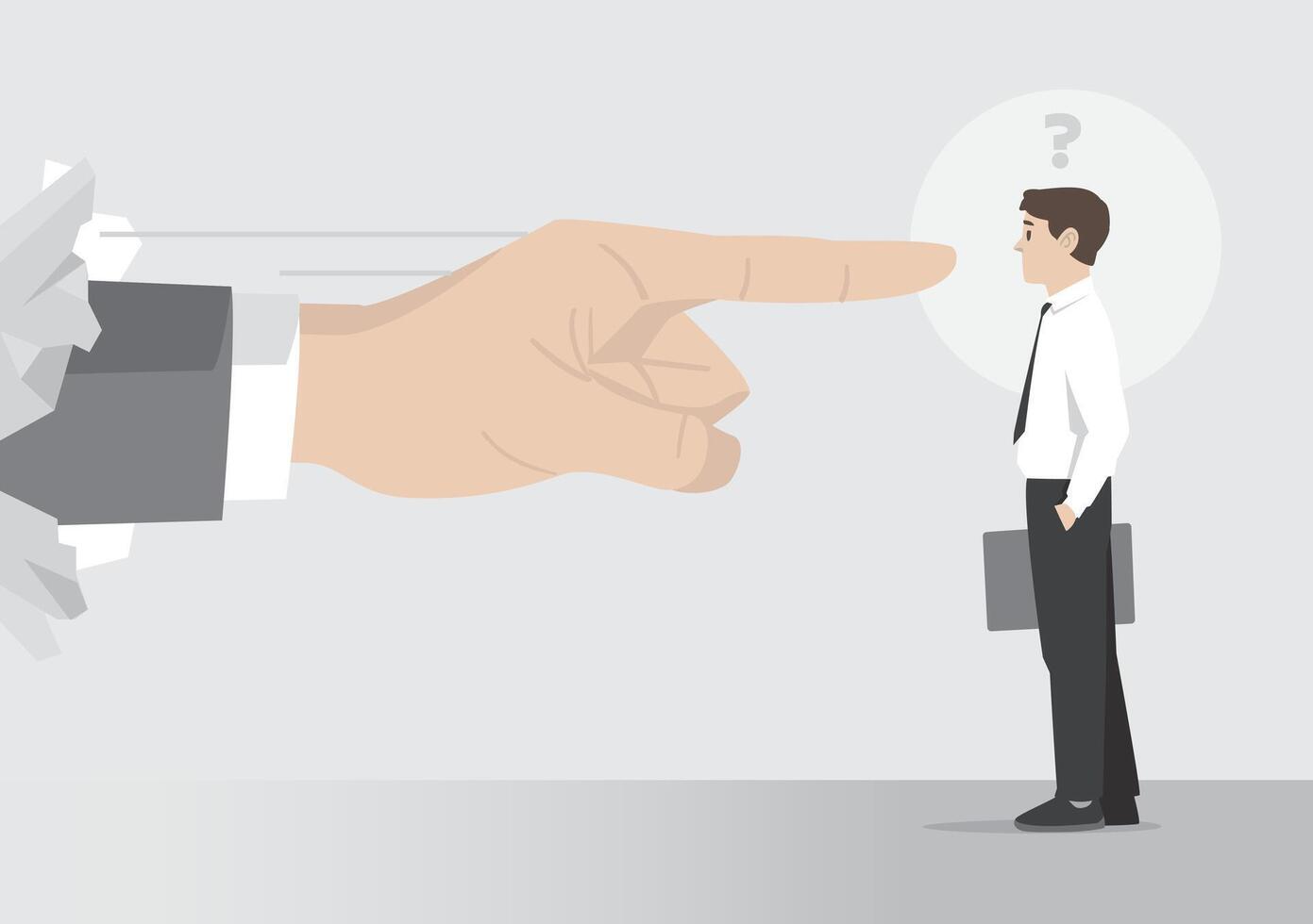 hand breaching wall finger point man to show scapegoat in working environment blame him for false accusation at performance vector