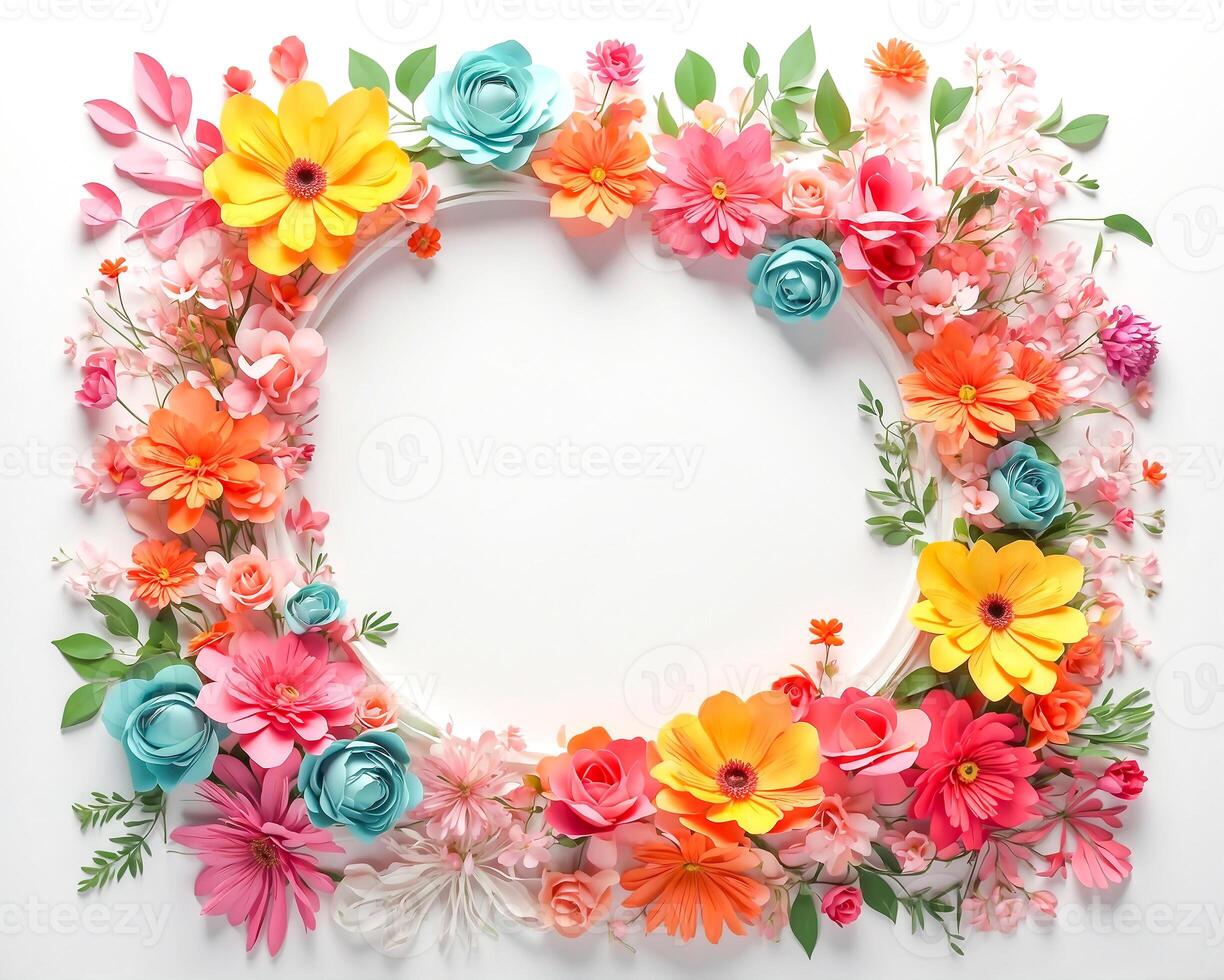 Frame made of beautiful flowers and leaves on white background , top view photo