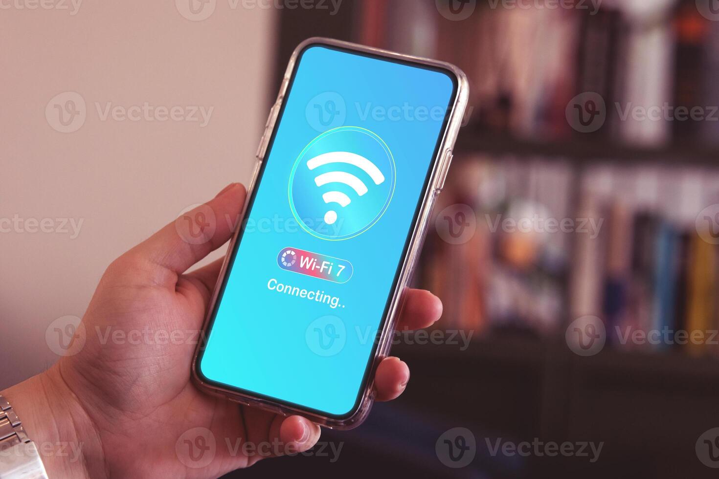 A smartphone screen connected to the wireless internet. Concept of modern WiFi 7 technology that has improved efficiency, internet signal speed, and stable connection. photo