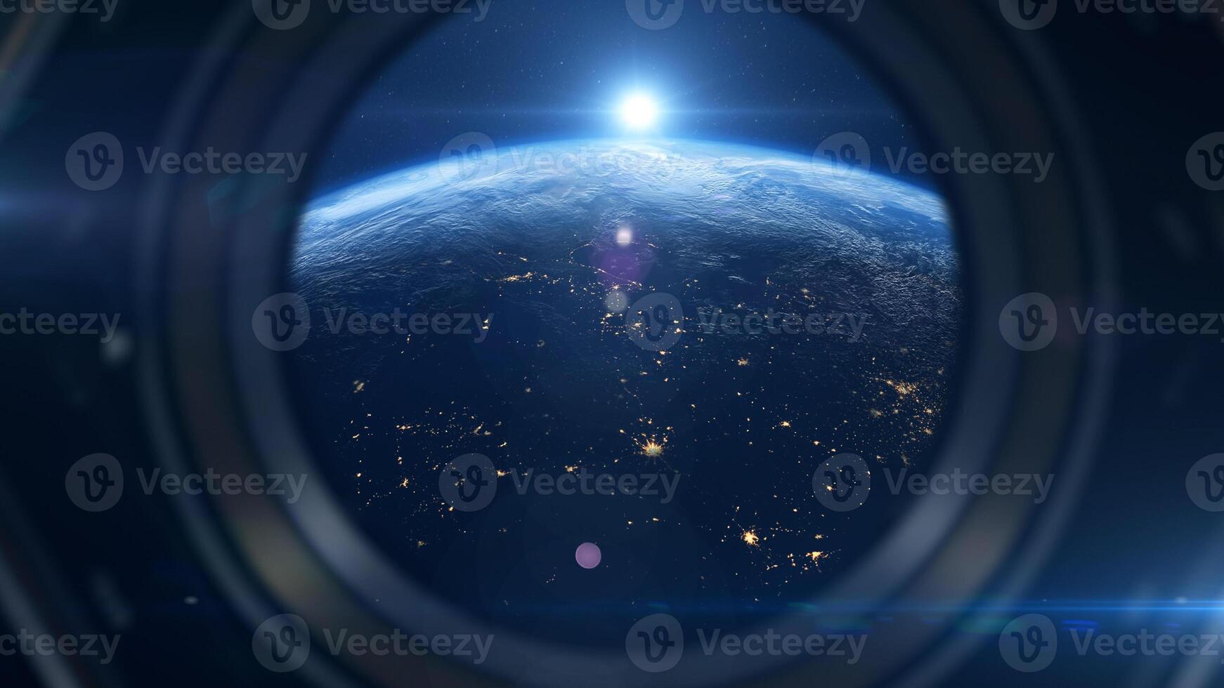 Gorgeous view of sunrise. Earth from space. Window of spaceship. photo