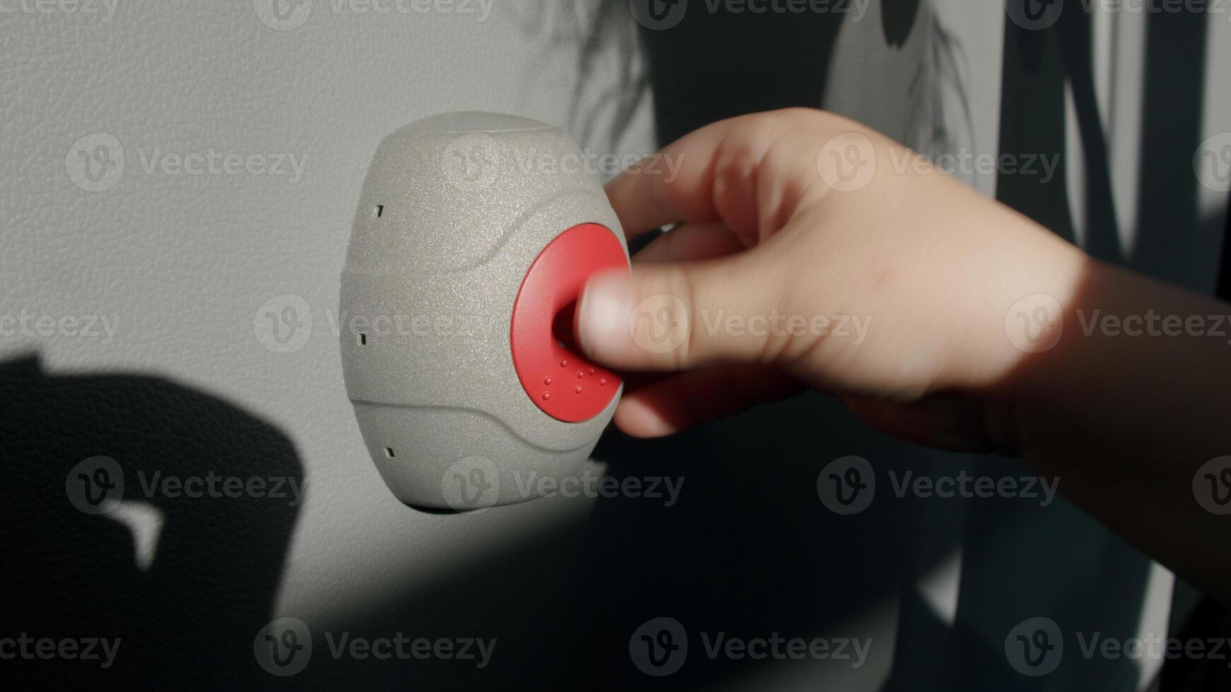 Stop Button and the Hand of Worker About to Press it. emergency stop button. Big Red emergency button or stop button for manual pressing. photo