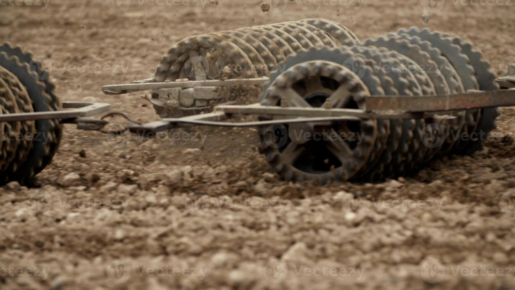 Track shoe of the excavator with soil in the background. photo