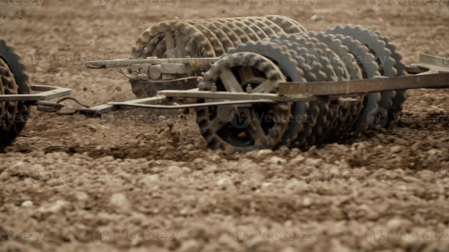 Track shoe of the excavator with soil in the background. photo