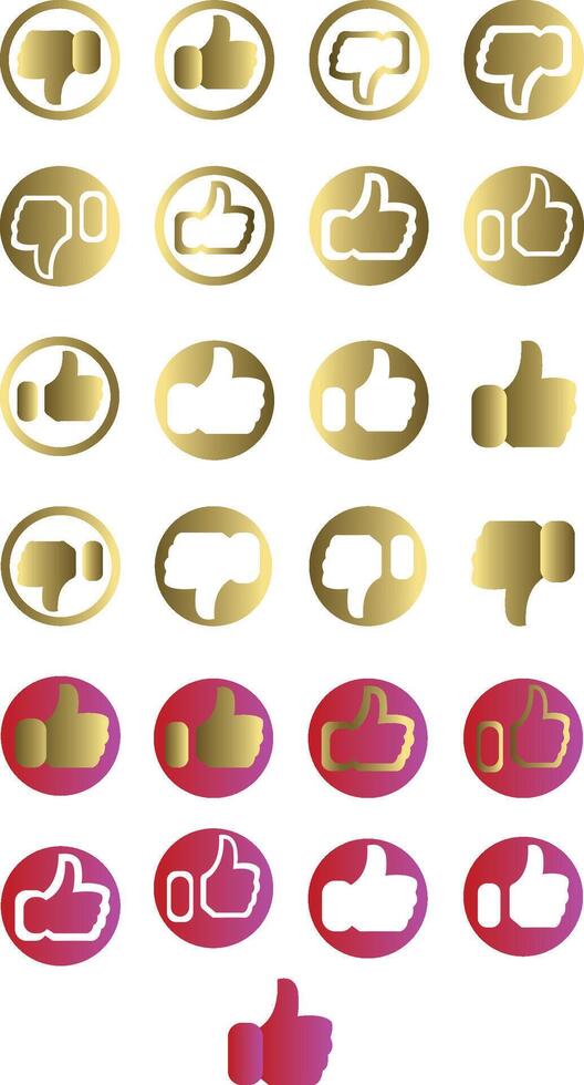 Like, dislike and neutral thumb symbols in gold color. Feedback and rating thumbs up and thumbs down icons set. Thumbs up, down and sideways symbol icon set. vector