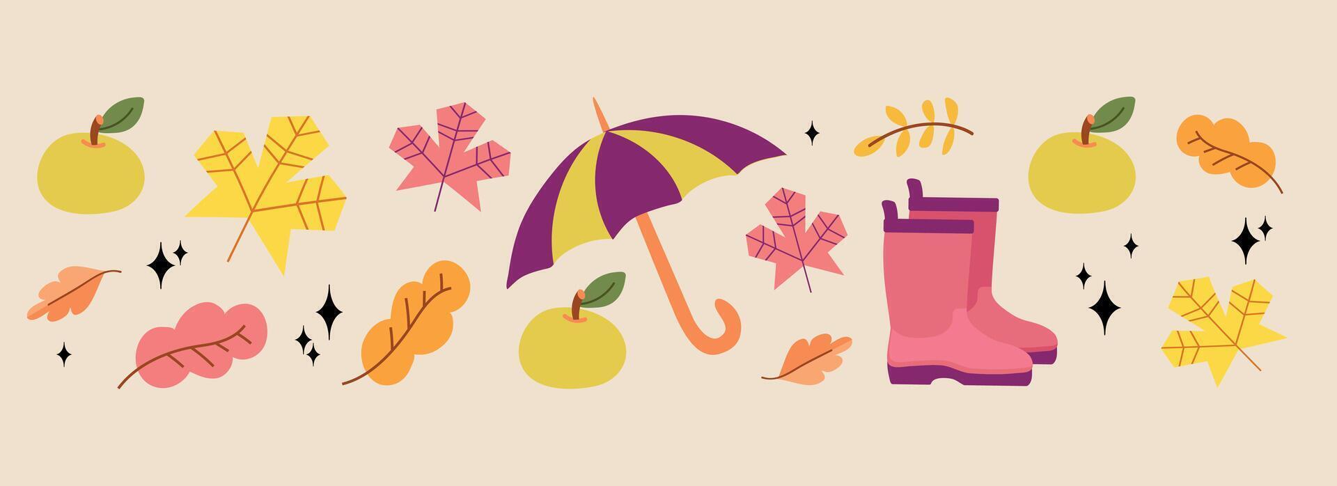 Autumn horizontal background banner with leaves, apples, umbrella and rain boots vector