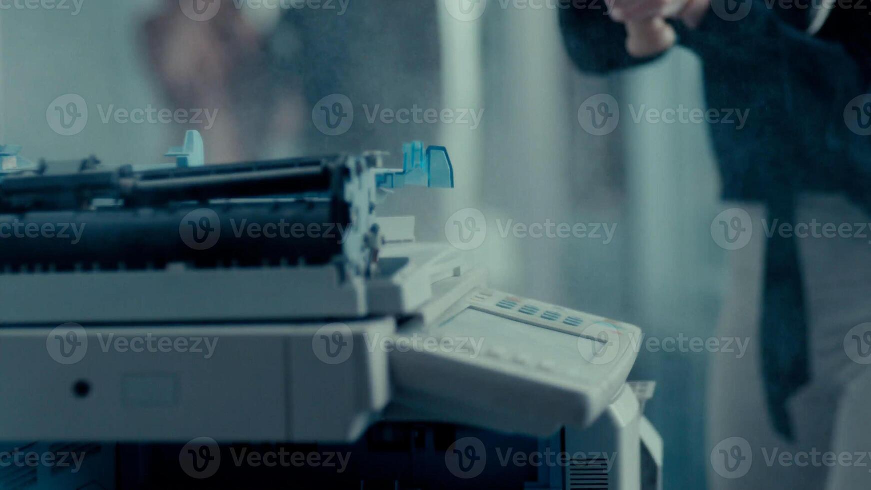 angry women break xerox machine in office photo