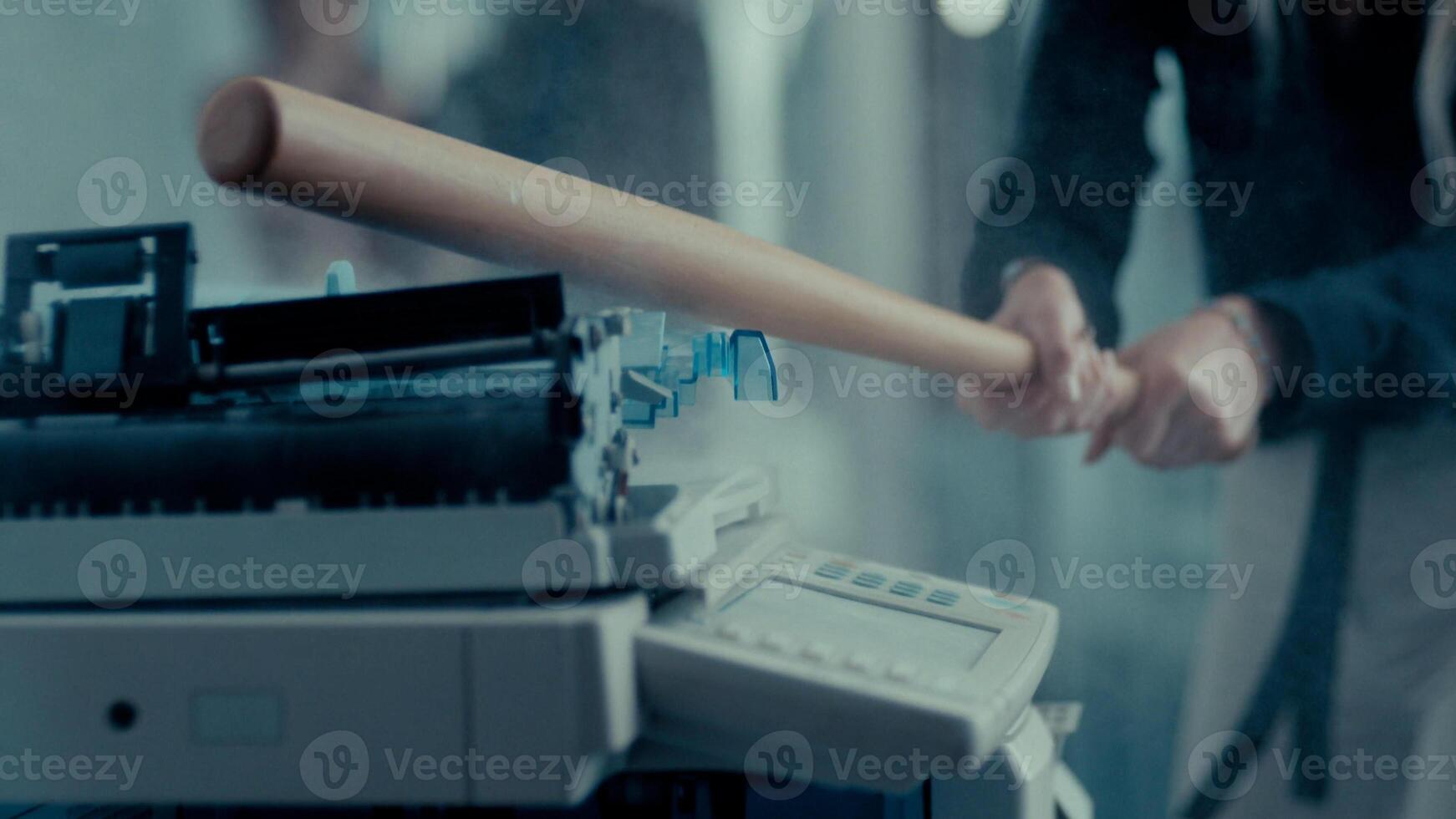 angry women break xerox machine in office photo