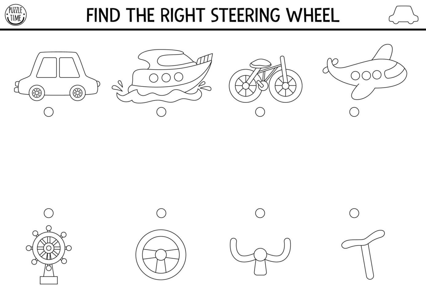 Transportation black and white matching line activity with cute transport and missing parts. Match the objects game with car, bike, boat. Match up coloring page with vehicle, steering wheels vector