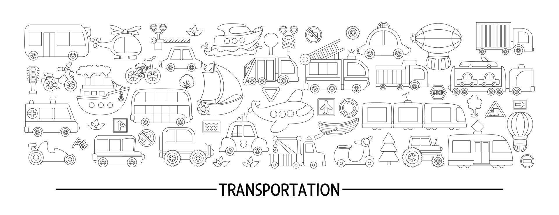 black and white transportation horizontal set with different kinds of transport. Line road trip card template or frame design for banners, invitations. Cute illustration, coloring page with bus, car vector