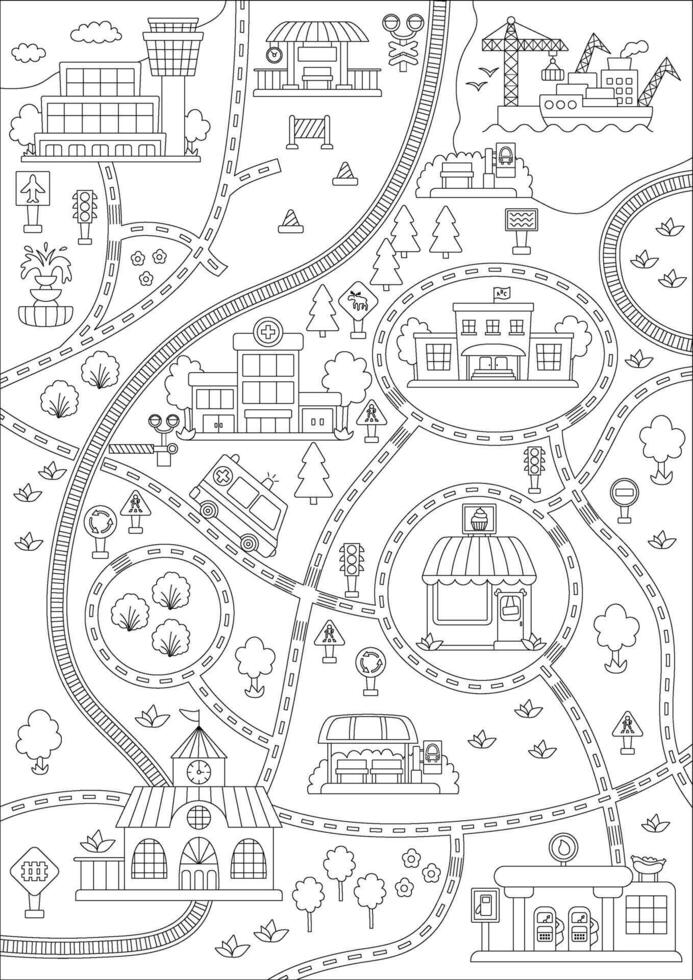 City black and white map with roads and railway. Line empty background with rails, traffic signs for kids. infographic elements without transport. Urban coloring page with places and buildings vector