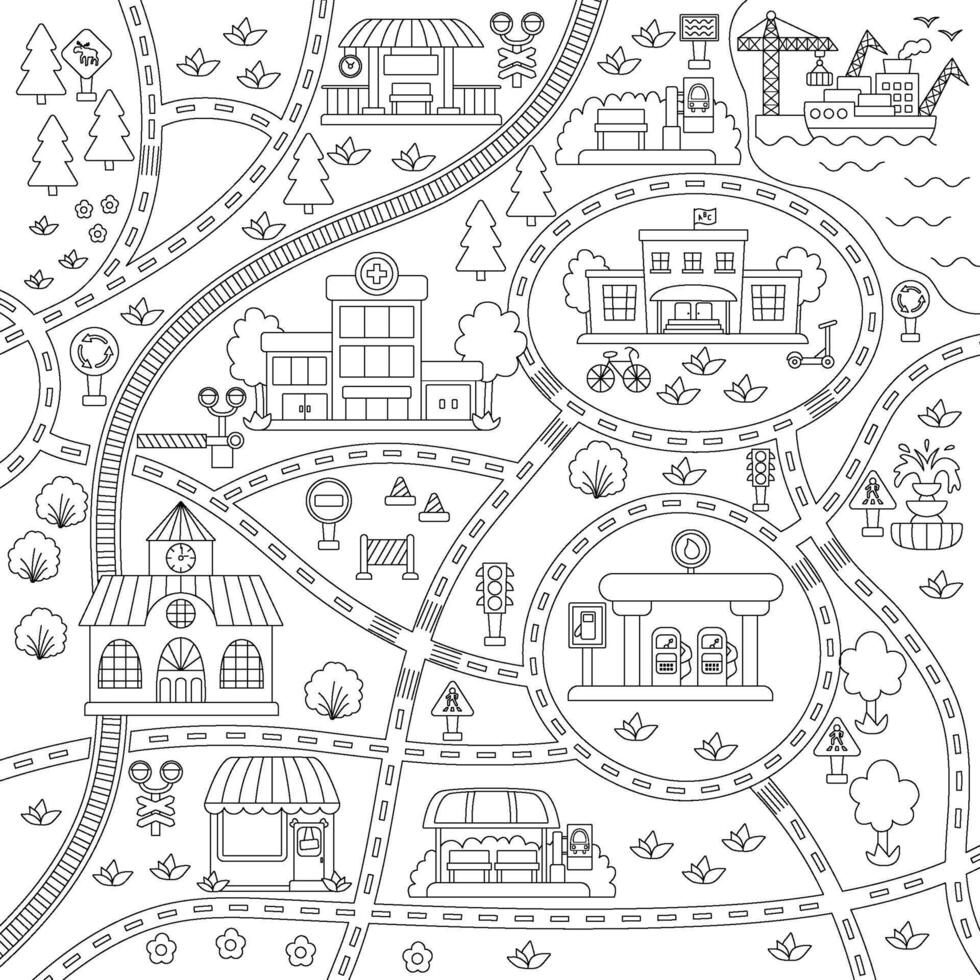 City black and white transport map. Square line background with railway, roads, traffic signs for kids. infographic elements with train, cars, tram, truck. Urban coloring page vector