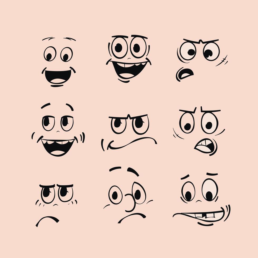 A set of black and white cartoon faces displaying various emotions on a light peach background. vector