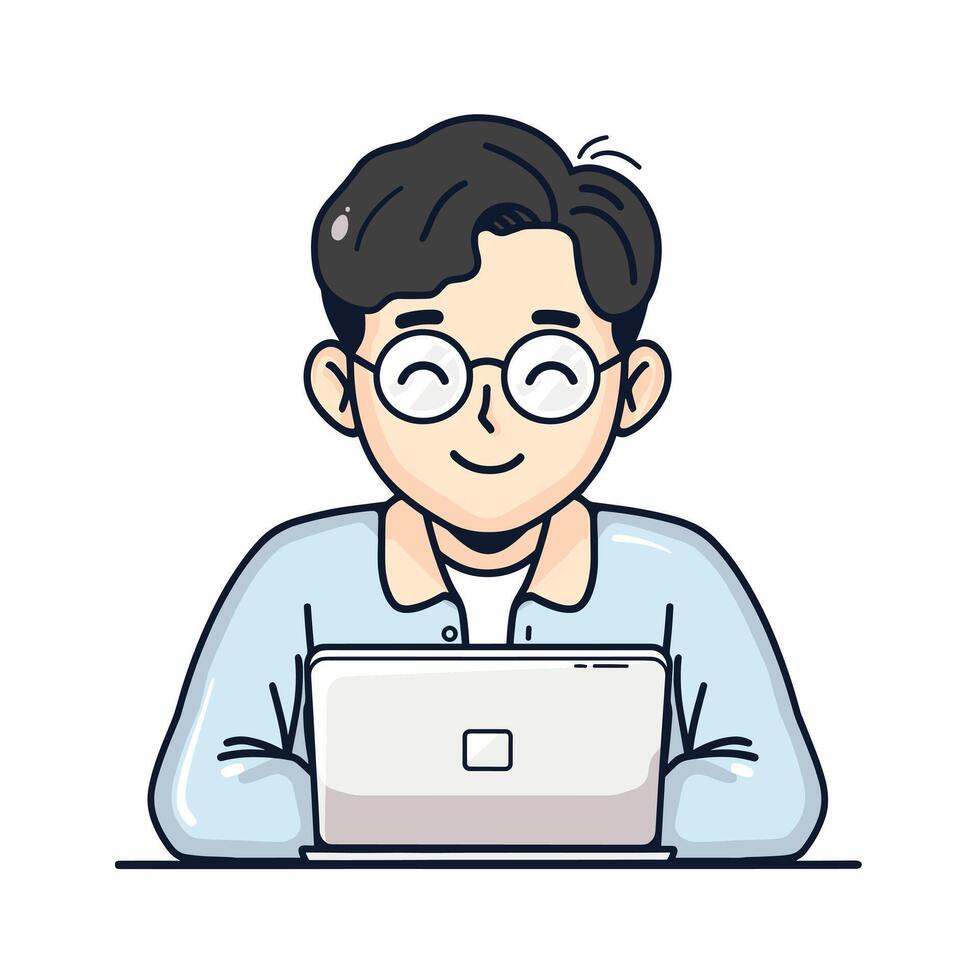 Cheerful Asian cartoon character with glasses works on laptop, depicting remote work or online education in a playful illustration style. vector