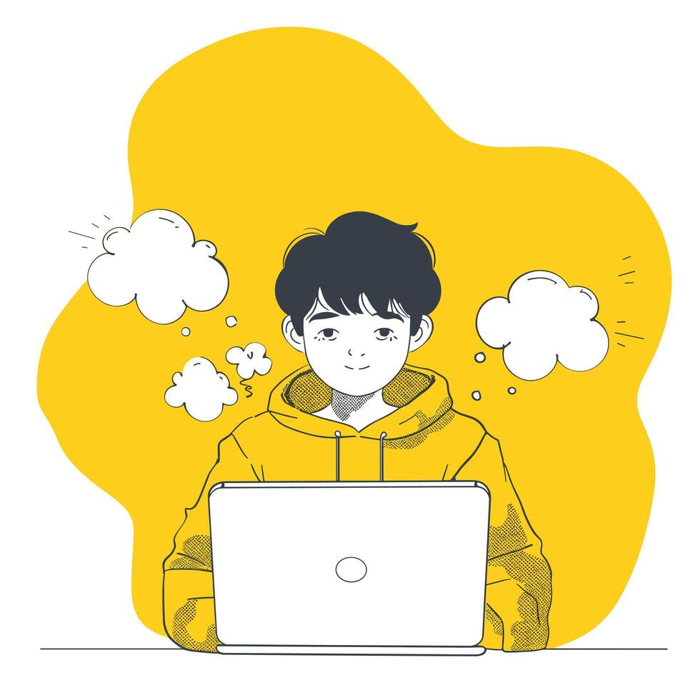 Young Asian boy in yellow hoodie using laptop, surrounded by thought bubbles on vibrant yellow background vector