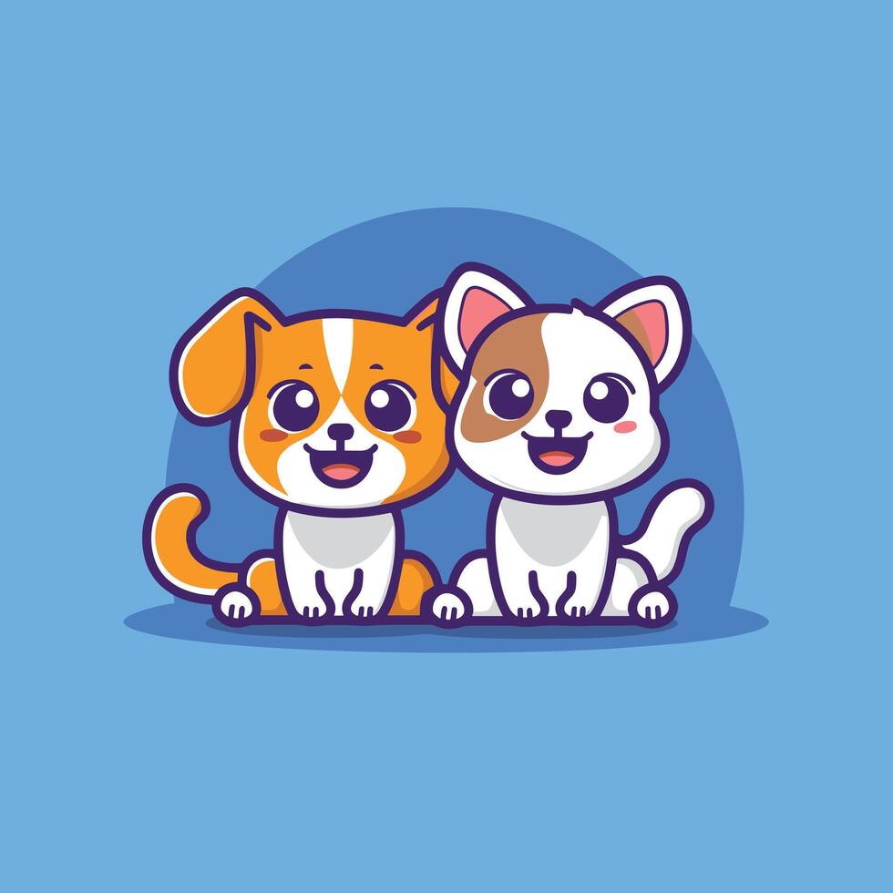 Adorable cartoon dog and cat sitting together on a blue background, featuring bright colors and expressive faces. vector