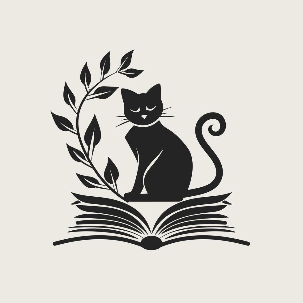 Silhouette of cat sitting on open book with leafy branch, depicting a whimsical literary or educational concept vector