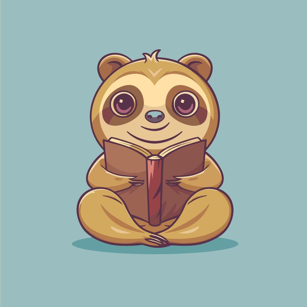 A cute cartoon sloth sits cross-legged while reading a book, set against a plain teal background. vector