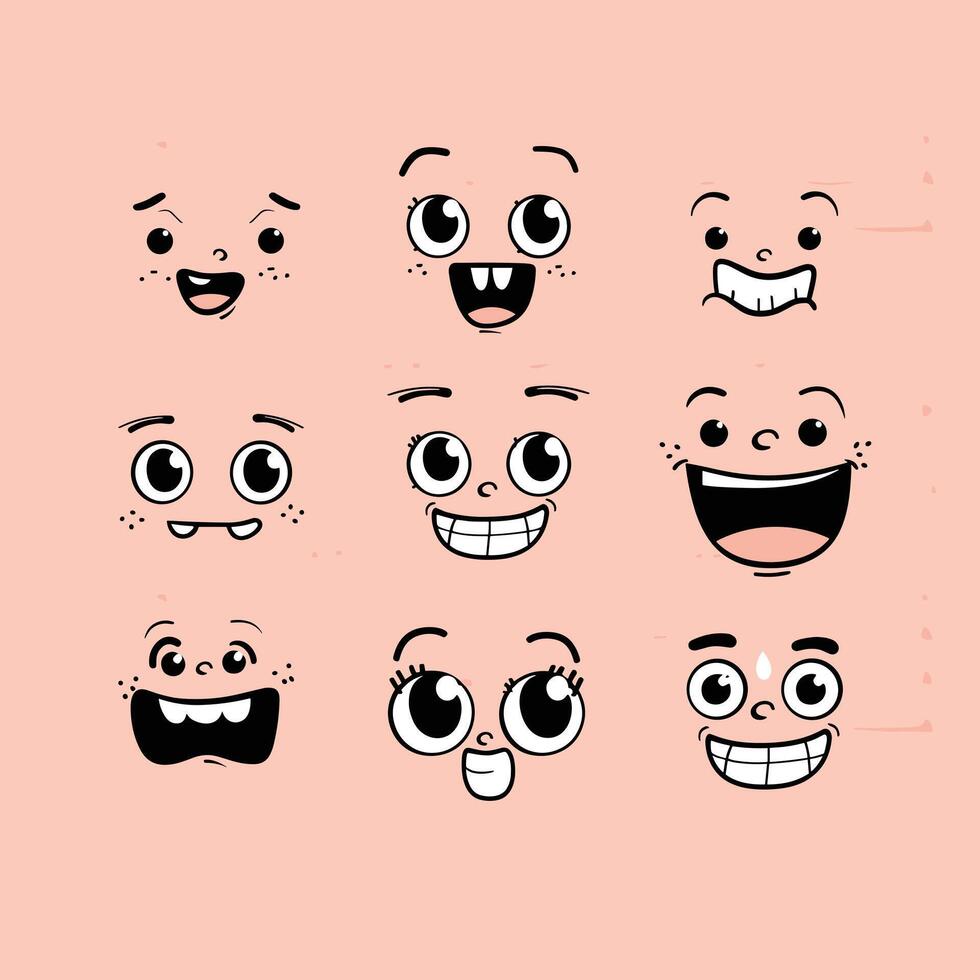 A collection of cartoon faces expressing various emotions on a peach background. vector