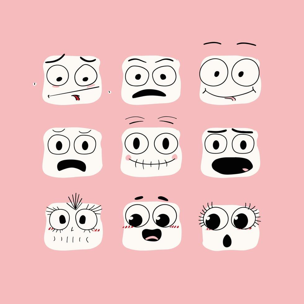 Set of nine cartoon faces with various expressions on a pink background. vector