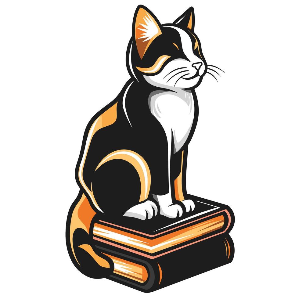Stylized calico cat illustration sitting atop stack of books, blending feline grace with scholarly symbolism in bold colors. vector