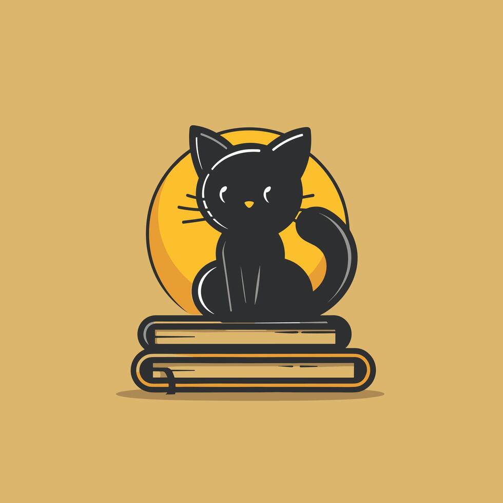 Adorable black cat illustration perched on books with yellow moon backdrop, combining feline charm and literary symbolism. vector
