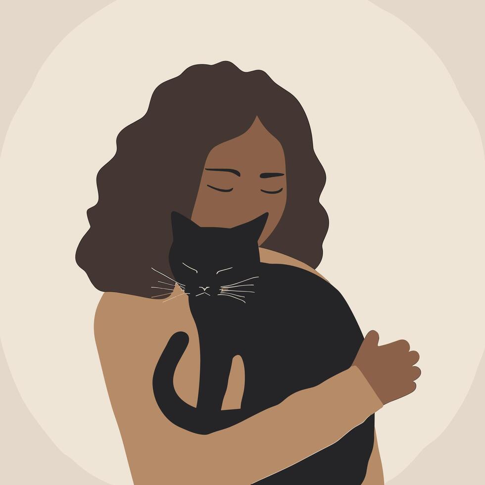 Tender embrace Woman with curly hair hugs black cat in minimalist illustration, showcasing bond between human and pet vector