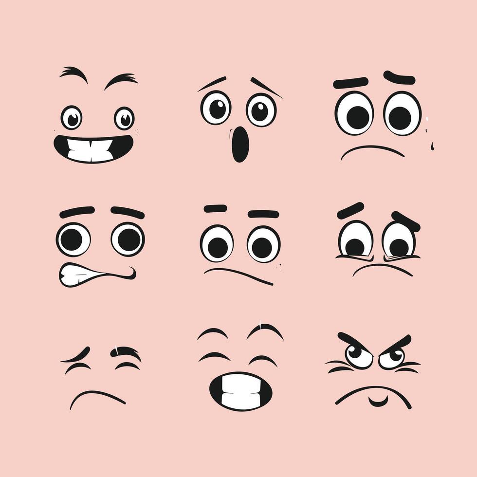 A grid of nine cartoon faces displaying various emotions on a pastel pink background. vector