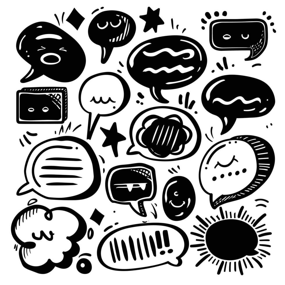 Whimsical hand-drawn speech bubbles and thought clouds in black and white, expressing various emotions and communication styles. vector