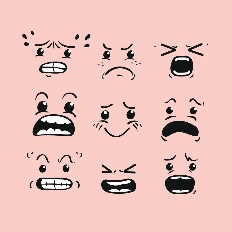 A set of nine black and white cartoon emoticons displaying various facial expressions on a pink background. vector